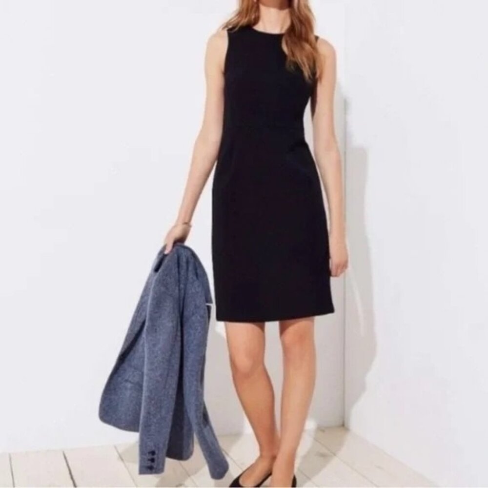Ann Taylor Loft Sheath Dress Lace Detail Round Neck Sleeveless Lined Black SZ 4